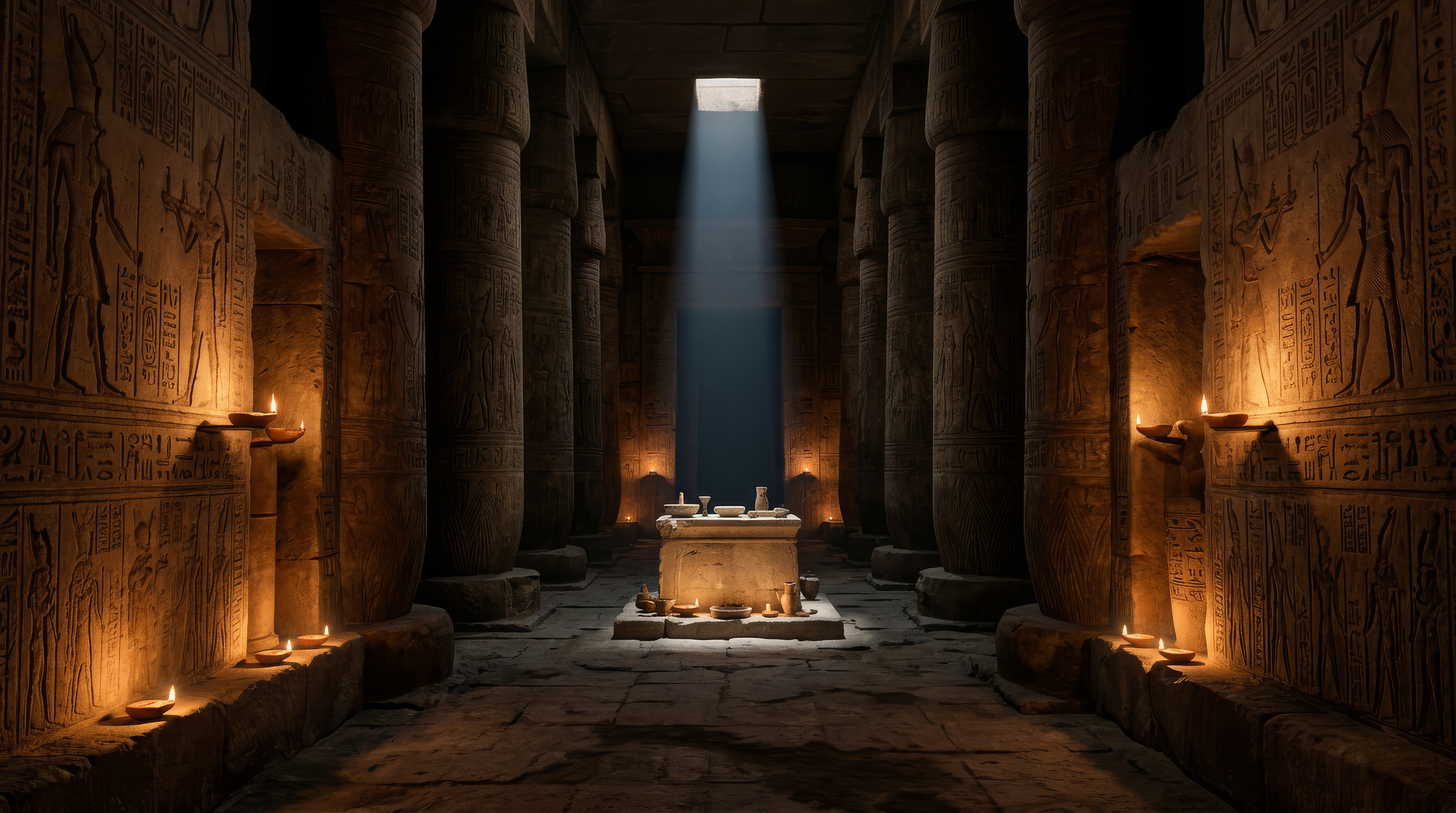 Stone observatory interior with starfield